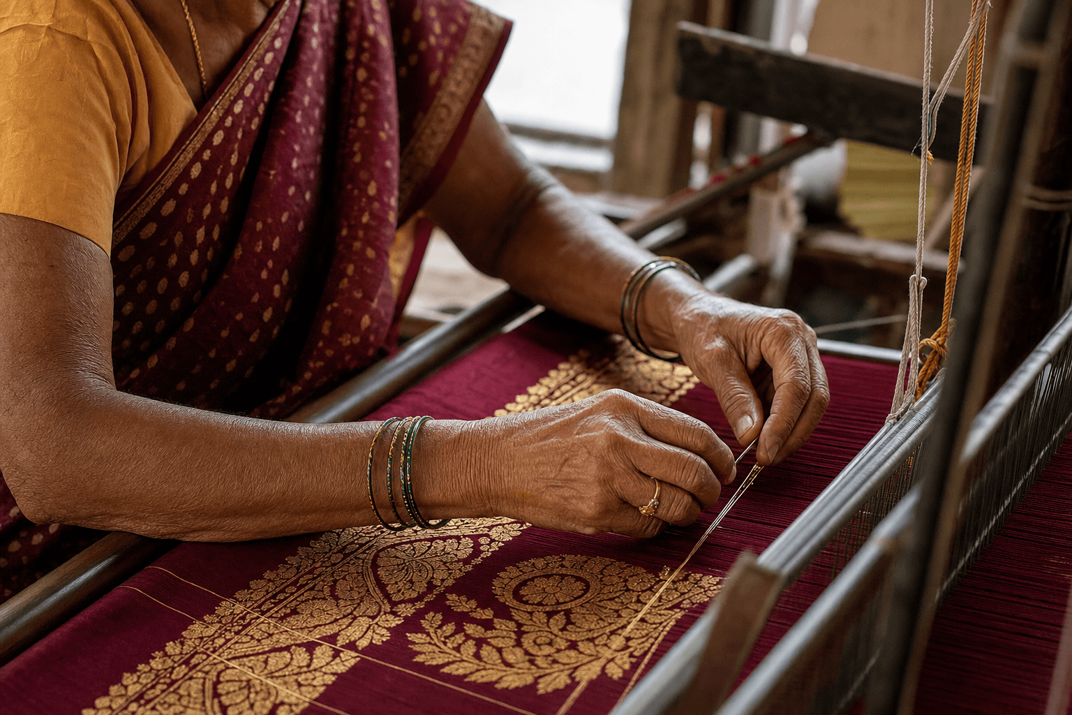 Artisan weaving Tanchoi silk at a Surat loom