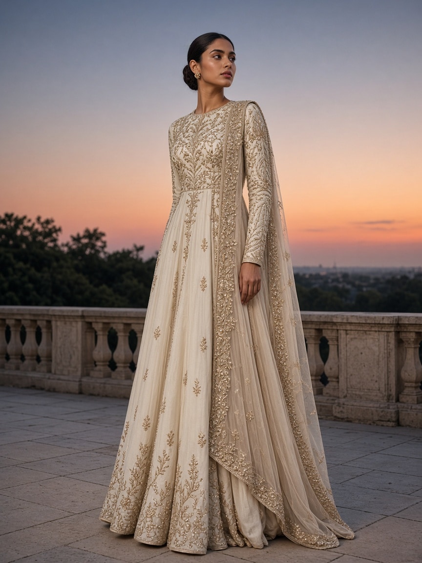 Ivory champagne modern anarkali couture with subtle zardozi