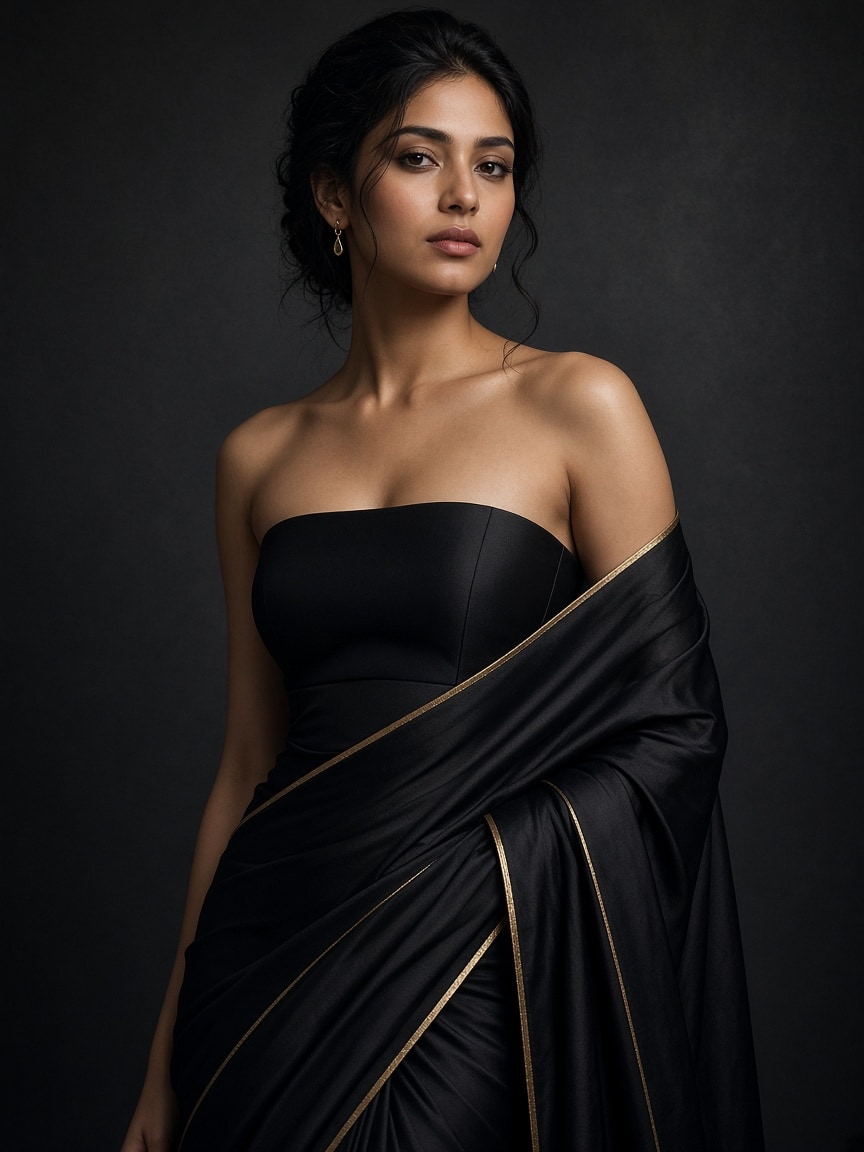 Ultra-modern black silk saree with a sculptural strapless blouse and gold border