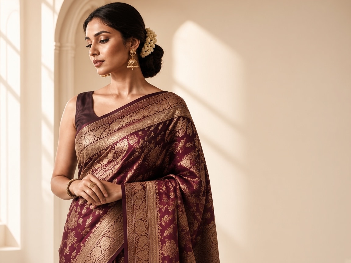Woman in a burgundy Banarasi silk saree — tradition in every drape