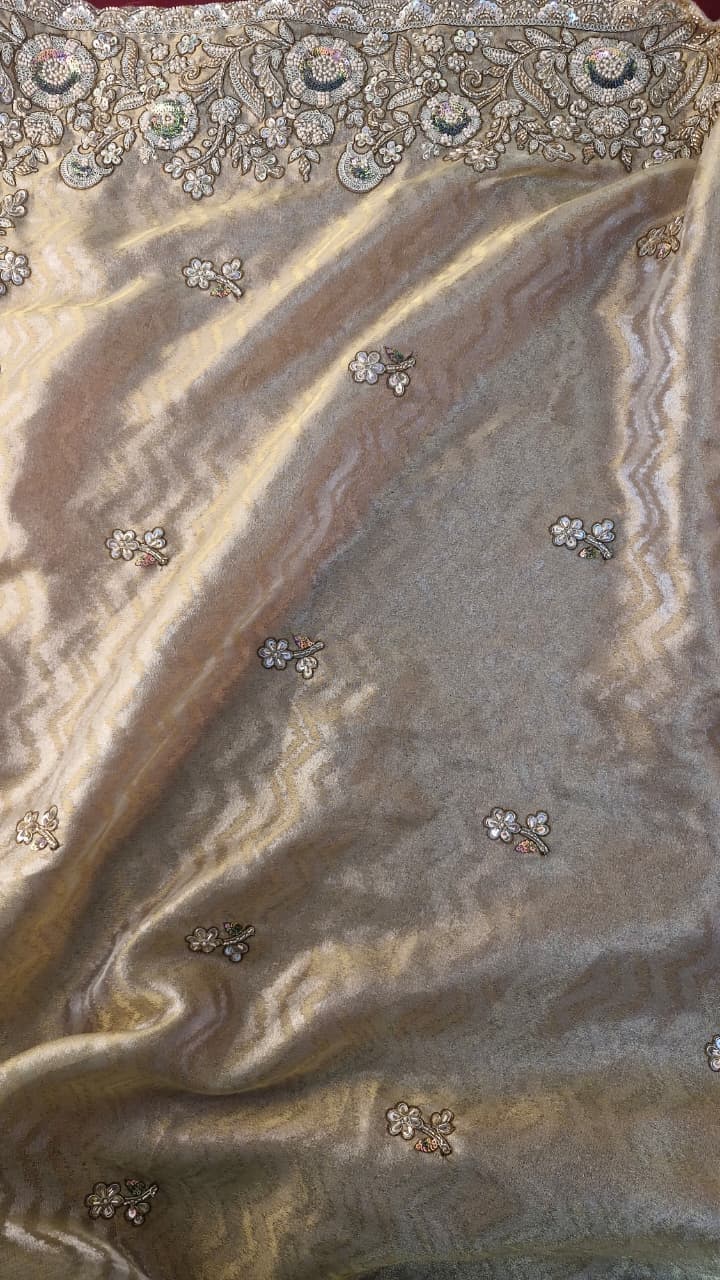 Champagne gold jacquard saree with floral sequin embroidery