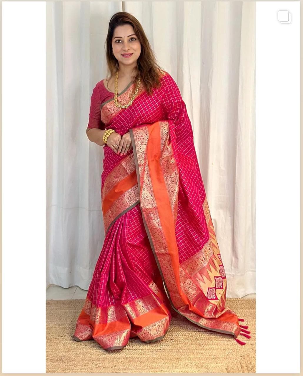 Rani pink jacquard saree with sona-chandi zari work