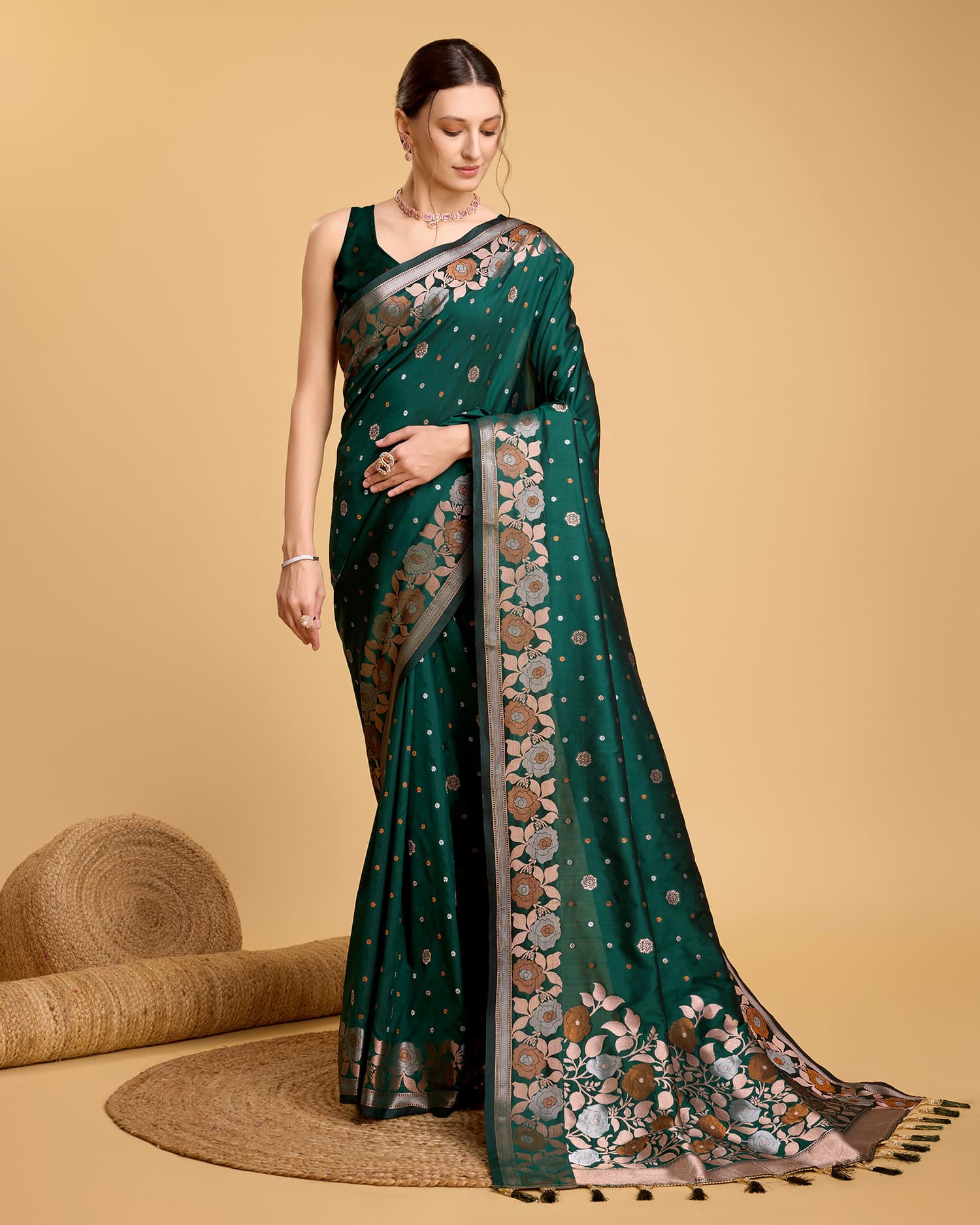 Emerald and gold jacquard saree with sona-chandi zari jharokha motifs