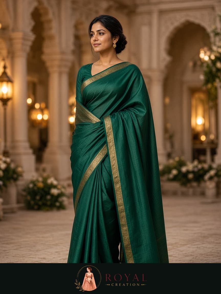 Emerald silk saree with a narrow gold border, worn for a wedding evening