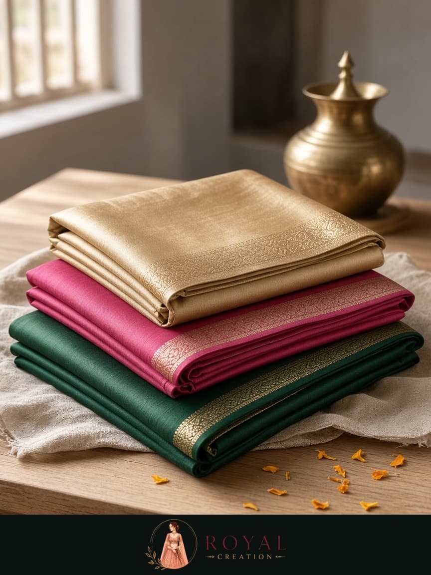 Folded gold, rani pink, and green silk sarees with zari borders on a teak table