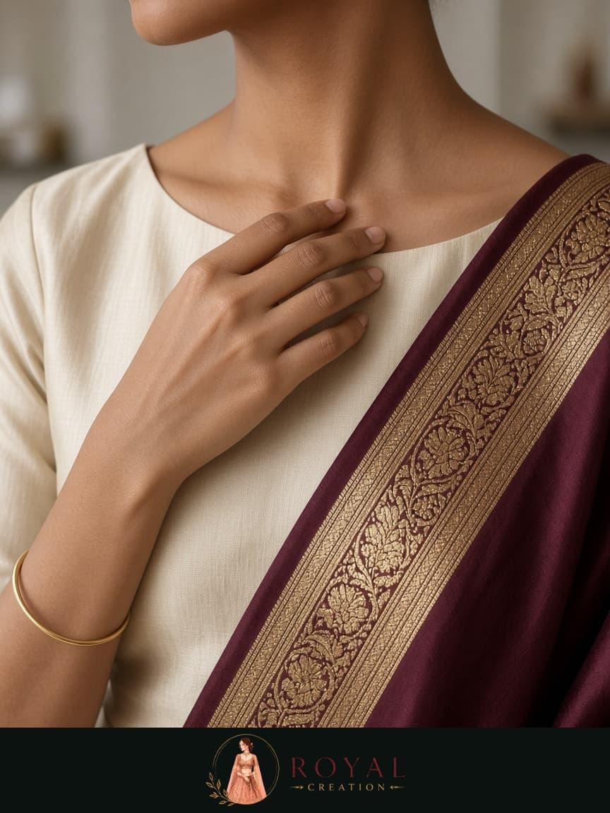 Ivory silk boat-neck blouse beside a wine saree border woven in gold zari